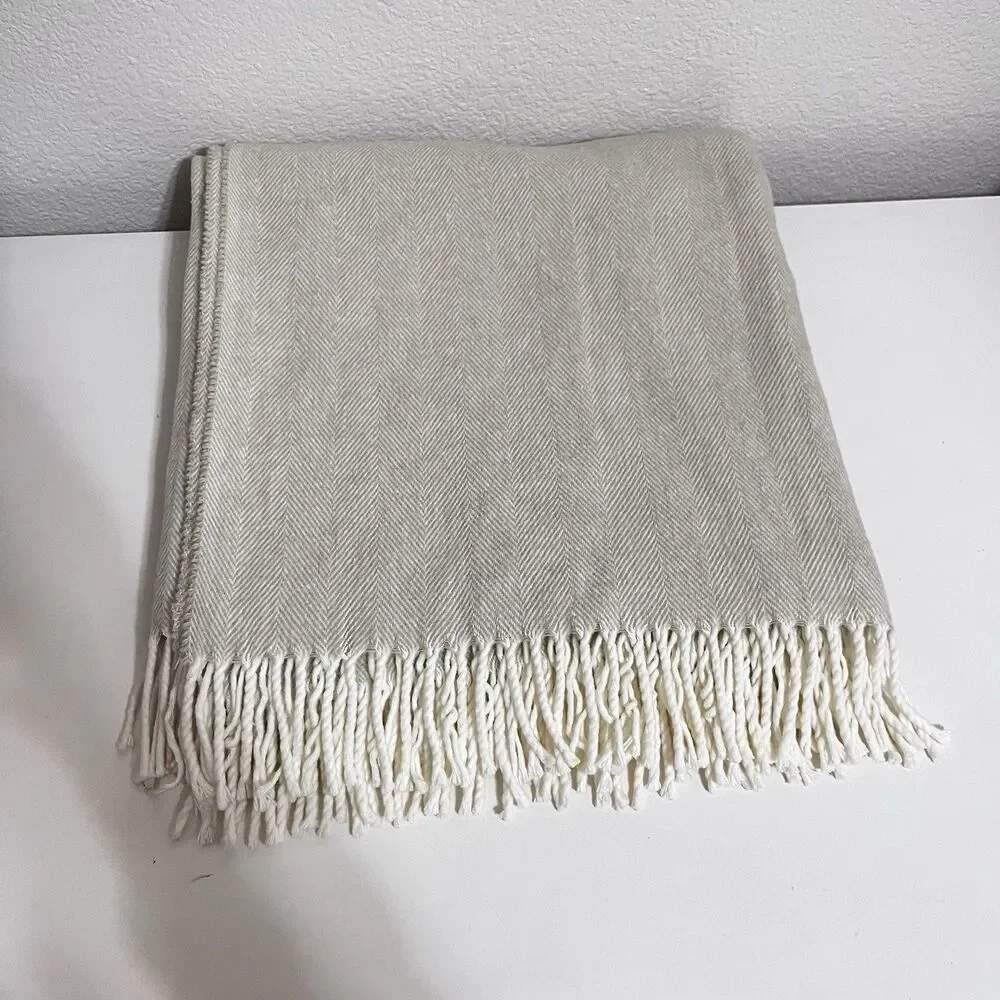 Lands Downunder Italian Herringbone Fringed Beige Throw Blanket Soft Italy
